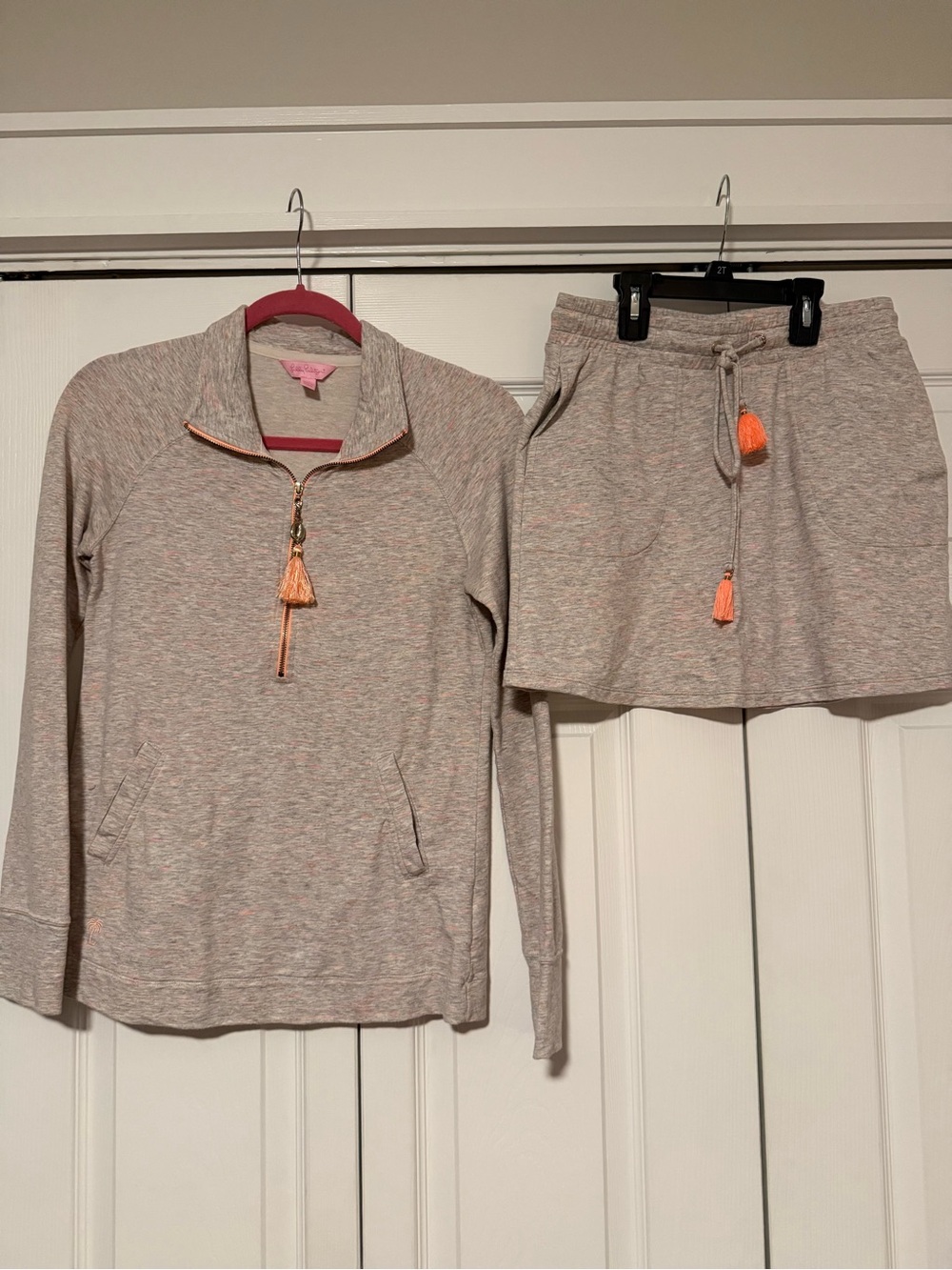 Lilly Pulitzer Girls' Heathered Beige Pullover & Skort with Coral Tassels